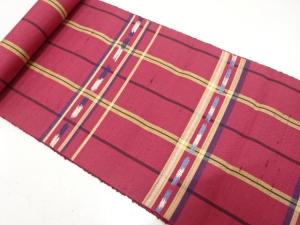 アンティーク　手織り紬　格子模様織り出し　名古屋帯地反物